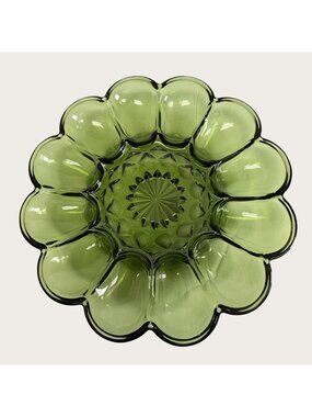 Vintage 1970s Anchor Hocking Fairfield Avocado Green Glass Deviled Egg Plate